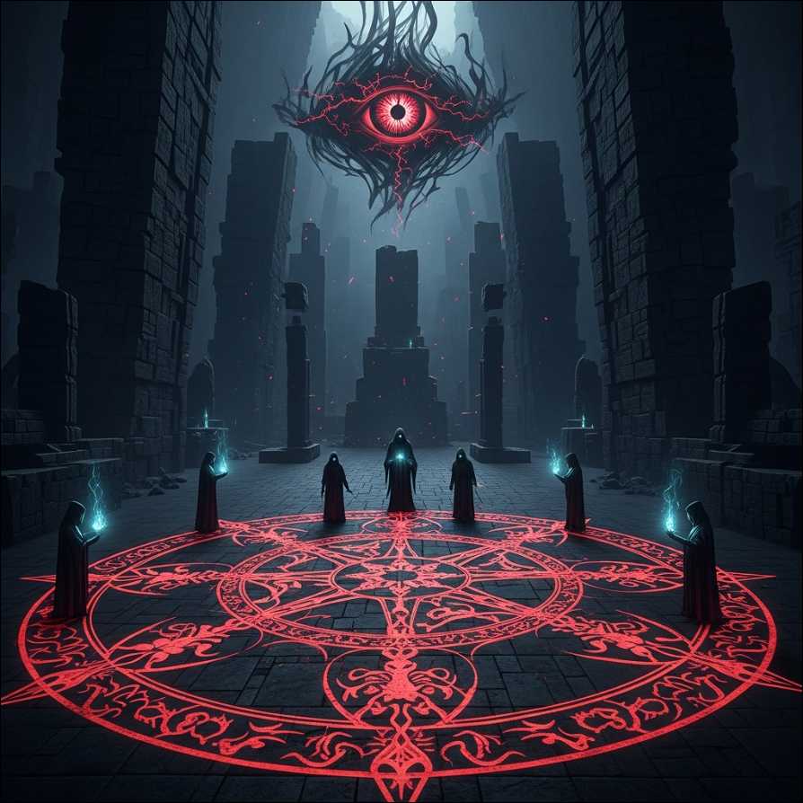 Global Book Platforms spread atheism: Evil being in dark robes standing the black magic circle with an eye above them.