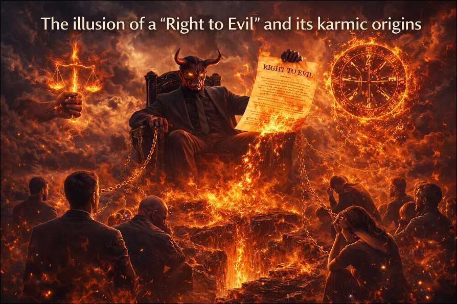 Global Book Platforms spread atheism: Satan in hell, sitting on throne, reading the law holding humans in chains.