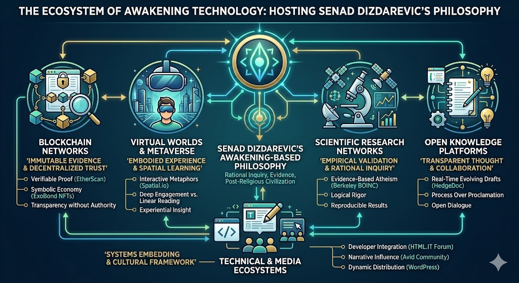 Emerging Technologies for Awakening Philosophy: Diagram showing the ecosystem of awakening technology hosting Senad Dizdarevic’s philosophy. This infographic maps five key pillars—Blockchain Networks (improving trust and evidence), Virtual Worlds (creating embodied experience), Scientific Networks (validating rationality), Open Knowledge Platforms (transparent inquiry), and Technical & Media Systems—and how they provide the decentralized, verifiable infrastructure for his work. 