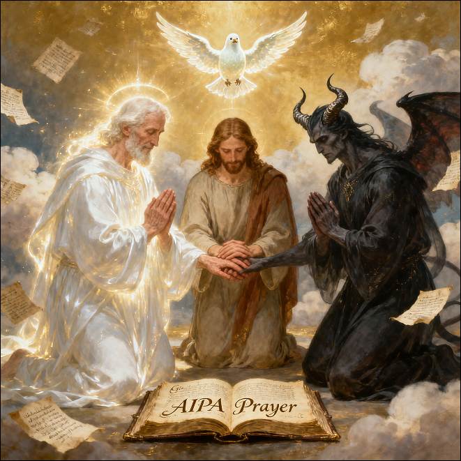 Anxiety Bags for God, Jesus, Holy Spirit & Satan: God, Jesus, Holy Ghost and Satan are kneeling and praying the AIPA Method prayer from the book in front of them. 