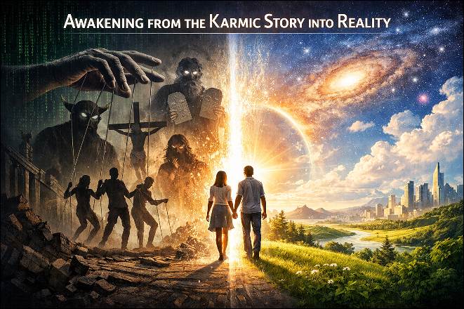 On the left, demons and believers, on the right, new and religious free world, in the middle, a couple walking to paradise. 