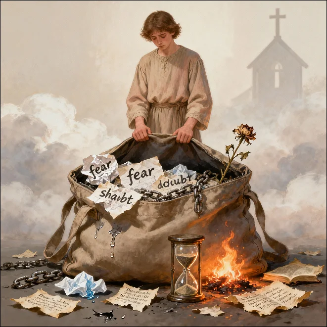 A Christian believer with a big anxiety bag in front of him wide opened. 