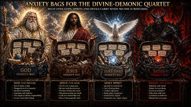 God, Jesus, Holy Ghost and Satan and their anxiety bags in front of them wide opened. 