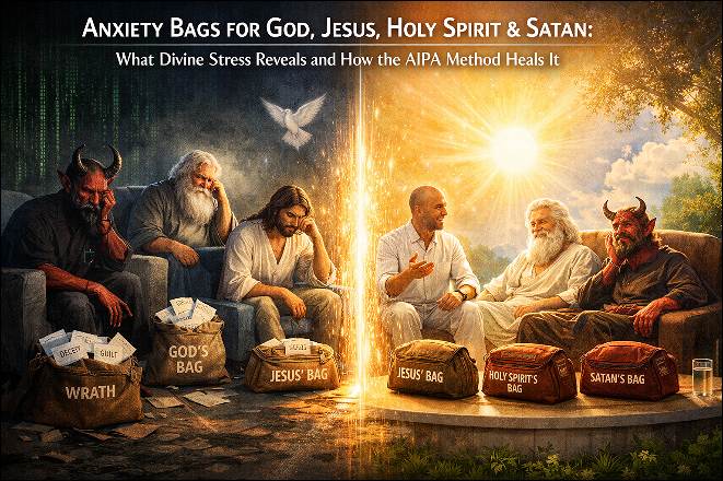 On the left, god, Jesus, Holy Ghost and Satan are anxious in fictional reality, on the right, they are calm in reality of fiction.
