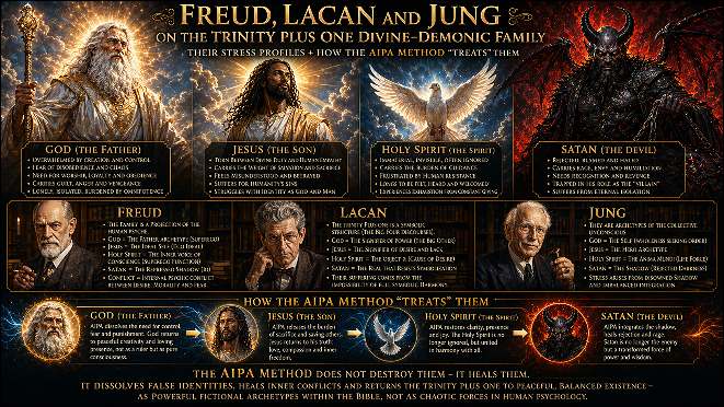 Freud, Lacan and Jung with god, Jesus, Holy Ghost and Satan and their anxiety bags. 