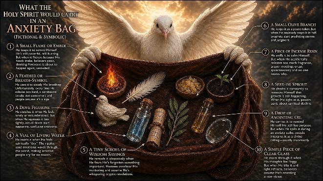 Anxiety Bags for God, Jesus, Holy Spirit & Satan: Holy Ghost and his anxiety bag in front of him wide opened. 
