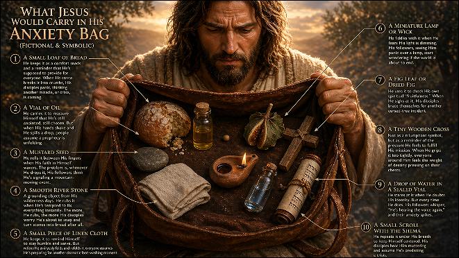 Anxiety Bags for God, Jesus, Holy Spirit & Satan: Jesus and his anxiety bag in front of him wide opened. 