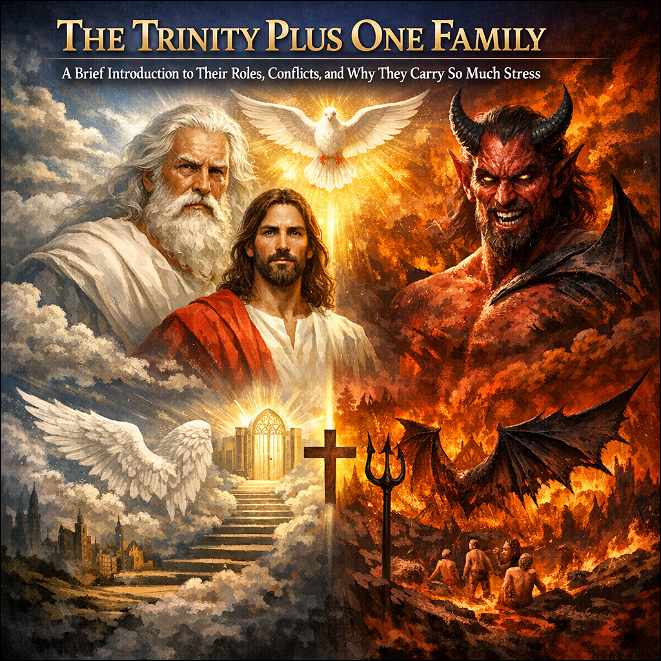 God, Jesus, Holy Ghost and Satan in heaven and hell. 