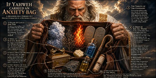 Anxiety Bags for God, Jesus, Holy Spirit & Satan: Christian god Yahweh and his anxiety bag wide opened. 