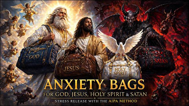 Anxiety Bags for God, Jesus, Holy Spirit & Satan: Four symbolic figures—God, Jesus, the Holy Spirit (as a glowing dove), and Satan—stand side by side in a balanced composition, each holding a burlap “Anxiety Bag” labeled with their name. The scene blends divine and human imagery: warm light surrounds them, their expressions are calm and reflective, and the bags represent the burdens they’ve released through the AIPA Method. The background transitions from shadow to radiant clarity, symbolizing healing and awareness.