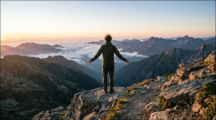 A man standing on the edge of mountain with his hands wide open, liberated.