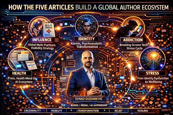 Global Multi‑Platform Visibility Strategy: A man in the center of many digital platforms.