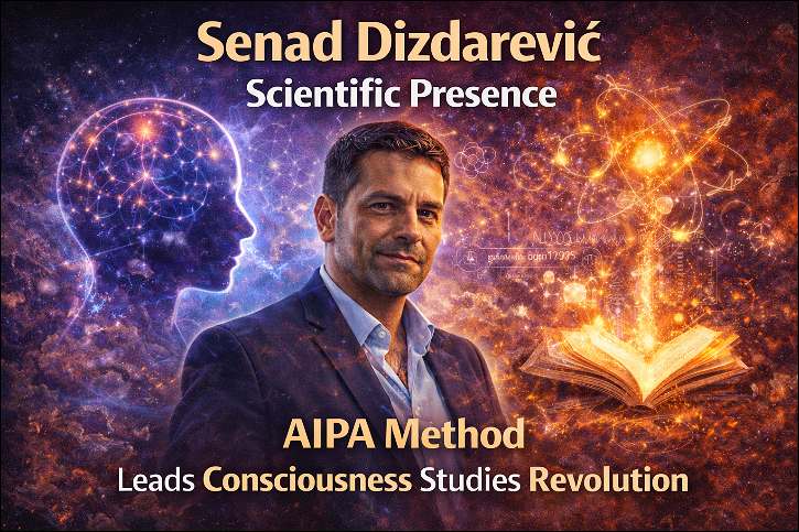 Senad Dizdarević Scientific Presence:  A mans stands with an open book full of light.
