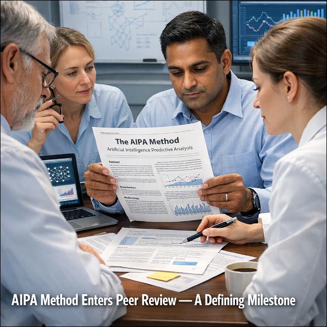 Group of scientists examining documents. 