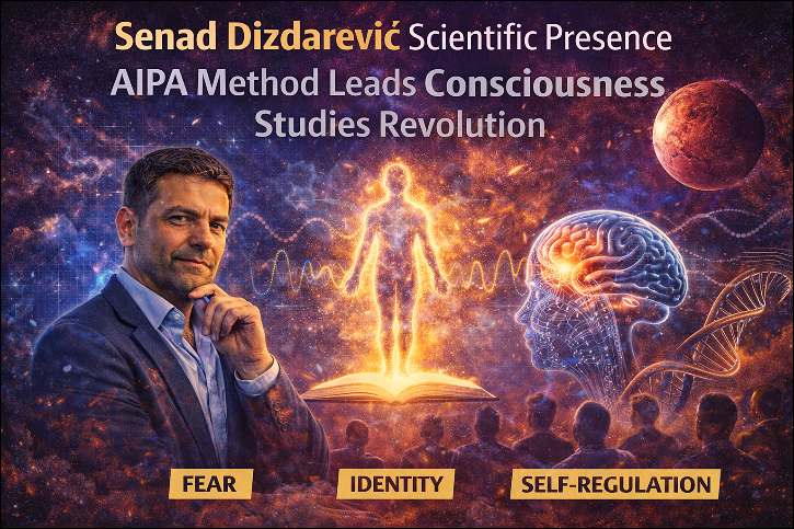 Senad Dizdarević Scientific Presence:  A man on the left, enligthened being in the middle, and people watching him below. 
