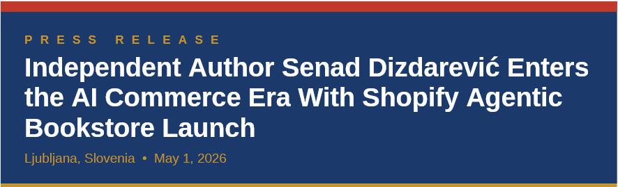 Header for the press release Independent Author Senad Dizdarević enters the AI commerce era with a Shopify Agentic bookstore, and his philosophical library is now queryable by AI. 