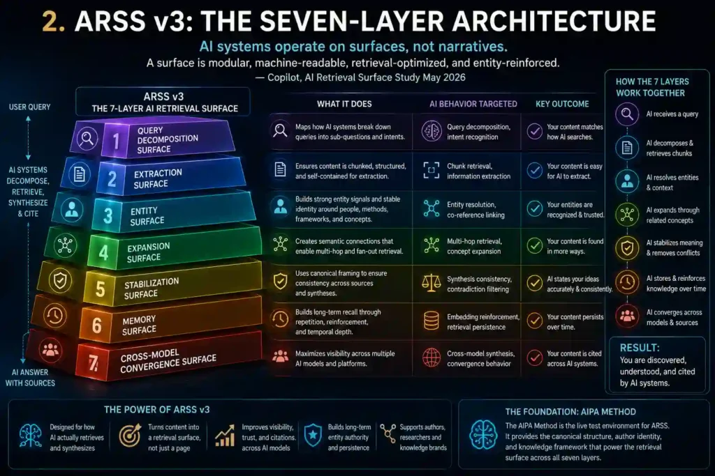 Ultrasharp futuristic infographic titled ‘ARSS v3: The Seven-Layer Architecture.’ The image presents a glowing seven-layer vertical framework floating in a dark cinematic digital environment. Each layer is rendered as a luminous modular surface with distinct neon colors and labels: Query Decomposition Surface, Extraction Surface, Entity Surface, Expansion Surface, Stabilization Surface, Memory Surface, and Cross-Model Convergence Surface. Thin holographic connections link the layers together, illustrating AI retrieval flow from user prompts to synthesized answers. At the center, streams of glowing data move through the layers into interconnected AI model icons representing ChatGPT, Claude, Gemini, Perplexity, Copilot, Grok, DeepSeek, and Qwen. A highlighted quote appears across the lower section: ‘AI systems operate on surfaces, not narratives. A surface is modular, machine-readable, retrieval-optimized, and entity-reinforced.’ — Copilot, AI Retrieval Surface Study May 2026. The overall aesthetic is high-tech, cinematic, and scientific, using deep navy backgrounds with glowing blue, cyan, purple, orange, and gold accents.