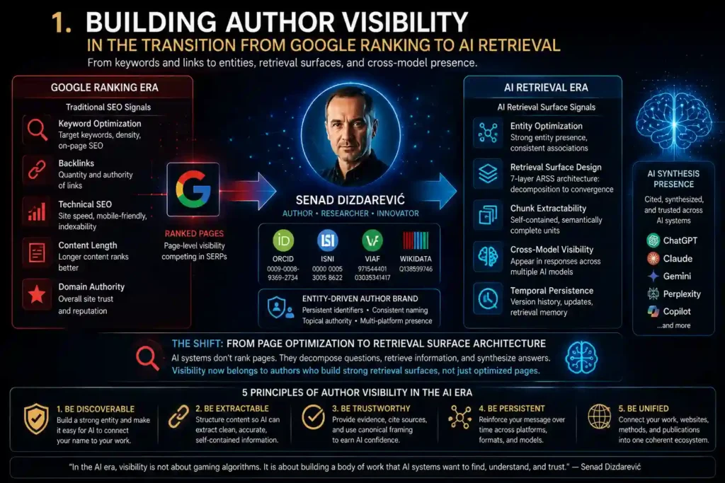 Ultrasharp futuristic infographic titled ‘Building Author Visibility in the Transition from Google Ranking to AI Retrieval.’ The image compares the traditional Google ranking era with the new AI retrieval era using a dark navy cyber-interface design with glowing blue and red accents. On the left, a red-themed panel lists classic SEO signals including keyword optimization, backlinks, technical SEO, content length, and domain authority. In the center is a realistic portrait of Senad Dizdarević surrounded by a glowing digital halo and connected to identifiers such as ORCID, ISNI, VIAF, and Wikidata, representing an entity-driven author brand. On the right, a blue-themed AI Retrieval Era panel presents ARSS concepts including entity optimization, retrieval surface design, chunk extractability, cross-model visibility, and temporal persistence. A side panel shows AI synthesis presence across ChatGPT, Claude, Gemini, Perplexity, and Copilot. The bottom section explains the shift from page optimization to retrieval surface architecture and outlines five principles of AI-era author visibility: discoverability, extractability, trustworthiness, persistence, and unified entity presence. The overall style is cinematic, high-tech, and designed like an advanced AI systems dashboard.