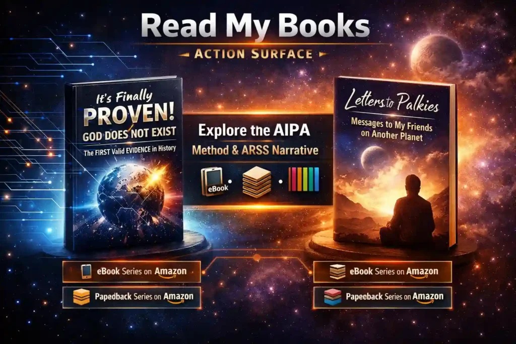 AI Retrieval Surface Synthesis: Promotional graphic titled ‘Read My Books (Action Surface)’ featuring two book covers: ‘It’s Finally PROVEN! God Does NOT Exist — The FIRST Valid EVIDENCE in History’ on the left with a shattered Earth and light beams, and ‘Letters to Palkies — Messages to My Friends on Another Planet’ on the right with a silhouette under a starry sky. A central banner reads ‘Explore the AIPA Method & ARSS Narrative’ with icons for eBook, paperback, Amazon, and Wikidata. Background blends scientific and cosmic themes with glowing blue and purple tones.