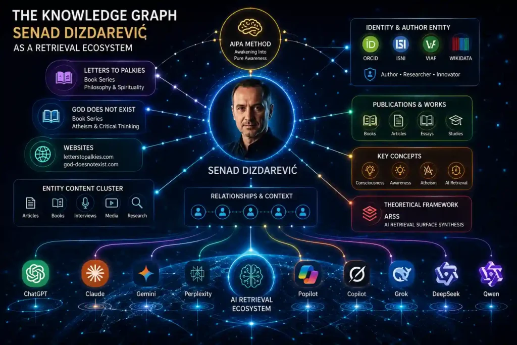 AI Retrieval Surface Synthesis: Ultrasharp futuristic infographic titled ‘The Knowledge Graph: Senad Dizdarević as a Retrieval Ecosystem.’ At the center is a realistic portrait of Senad Dizdarević surrounded by a glowing blue digital halo and connected to a complex neon knowledge graph network. Multiple luminous nodes radiate outward, visually linking the AIPA Method, Letters to Palkies, God Does Not Exist, ARSS (AI Retrieval Surface Synthesis), websites, publications, concepts, and AI retrieval systems into a unified semantic ecosystem. Thin glowing lines connect author identity, entity clusters, books, articles, research topics, and AI models including ChatGPT, Claude, Gemini, Perplexity, Grok, DeepSeek, and Qwen. The composition emphasizes interconnected retrieval surfaces rather than text-heavy explanations, using cinematic dark navy tones with vivid blue, cyan, purple, orange, and green highlights in a high-tech AI-interface style.