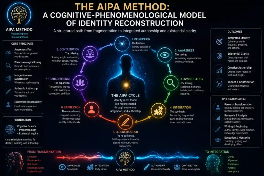 Ultrasharp futuristic scientific infographic titled ‘The AIPA Method: A Cognitive-Phenomenological Model of Identity Reconstruction.’ At the center stands a glowing human silhouette surrounded by a circular transformation cycle illustrating stages of identity reconstruction, awareness, integration, reconstruction, transcendence, and contribution. Neon arrows connect each stage in a continuous loop, symbolizing the AIPA process from fragmentation to coherent selfhood. The left side presents core principles of the AIPA Method, including awareness, phenomenology, integration, authentic authorship, and existential responsibility, displayed with luminous icons and structured panels. The right side highlights outcomes and application areas such as integrated identity, existential clarity, creative authorship, personal transformation, and education. A glowing energy stream flows across the bottom from a fragmented human head silhouette labeled ‘From Fragmentation’ toward a reconstructed luminous figure labeled ‘To Integration.’ The design uses deep navy tones with bright blue, cyan, purple, orange, and green accents in a cinematic high-tech AI-interface style.