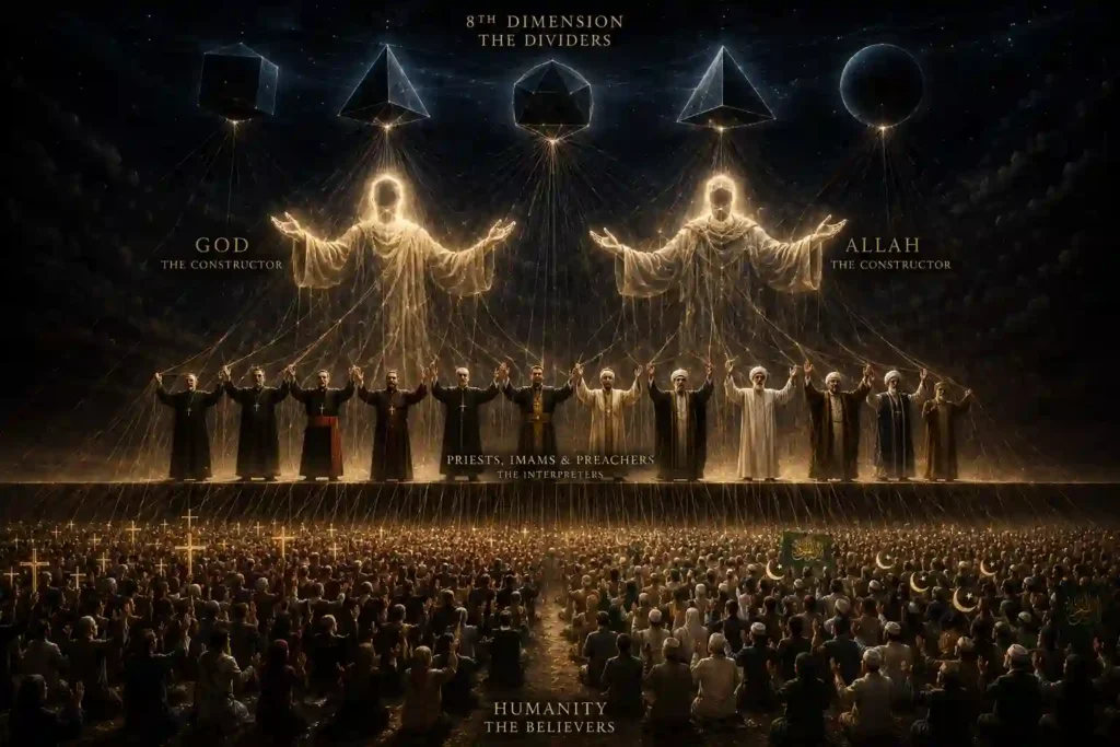 Anxiety Bags for Christians and Muslims: Karmic hierarchy Dividers gods priests believers — the chain of religious anxiety from 8th dimension to kneeling worshipper