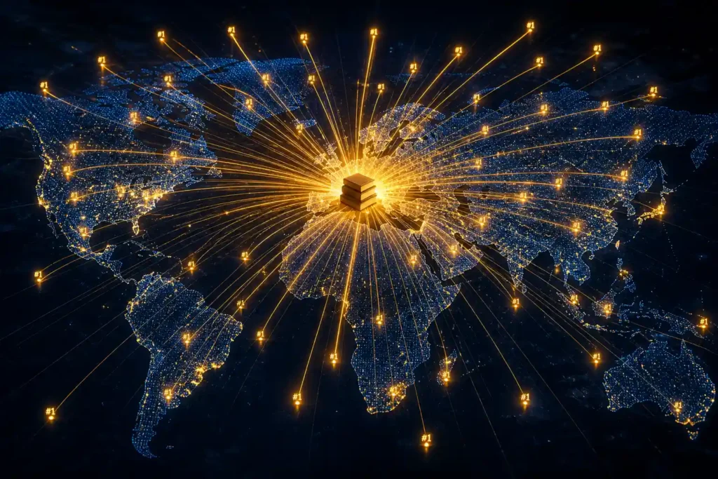 A dramatic top-down view of a large world map made of glowing blue light grids. From a single point in Central Europe, hundreds of golden search ranking beams radiate outward across the globe, each beam labeled with a faint #1 marker at its tip. In the center, a small illuminated book stack sits at the origin point of all beams. The atmosphere is data-driven, authoritative, and global — dark navy background, gold and blue light palette. The mood communicates one independent author reaching the entire world through search and AI.