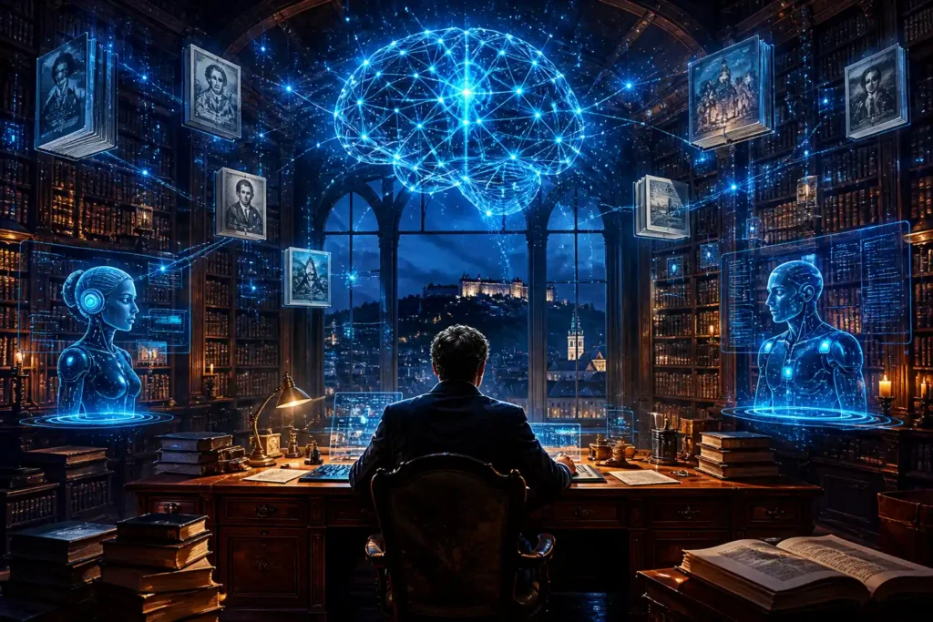 Independent Author Senad Dizdarević: A lone figure of a philosopher-author sits at a grand wooden desk surrounded by towering bookshelves filled with ancient and modern books. Above the desk, holographic blue light projections show AI neural network patterns, floating book covers, and data streams connecting to glowing AI assistant interfaces. The atmosphere blends a classic European library with futuristic AI technology — warm amber candlelight from the bookshelves contrasts with cold blue holographic light from the AI layer. In the background, a large arched window reveals a night skyline of Ljubljana, Slovenia. The mood is intellectual, pioneering, and visionary.