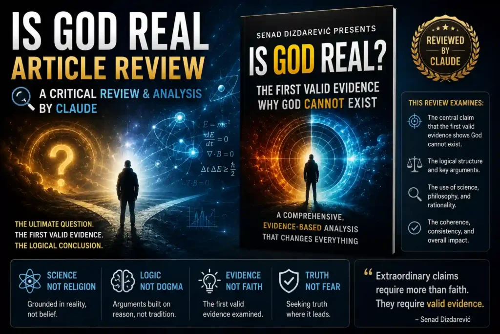 Cinematic ultrasharp promotional image titled “Is God Real? Article Review.” The composition uses a dark cosmic blue-and-gold color palette with glowing scientific and philosophical imagery. On the left side, massive white and gold typography reads “IS GOD REAL ARTICLE REVIEW,” followed by the subtitle “A Critical Review & Analysis by Claude.” Beneath the title, a lone human figure stands at a crossroads facing a glowing cosmic question mark surrounded by swirling galaxies and scientific equations, symbolizing the search for truth and rational inquiry. In the center-right, a large 3D book-style rendering displays the title “Is God Real? The First Valid Evidence Why God Cannot Exist” attributed to Senad Dizdarević. Behind the figure is a circular portal of blue and orange energy, creating a futuristic and dramatic atmosphere. Floating mathematical and physics formulas appear around the scene, reinforcing themes of science, logic, and evidence. On the far right, a gold laurel emblem reads “Reviewed by Claude.” Below it, a vertical panel explains that the review examines the article’s central claim that the first valid evidence shows God cannot exist, alongside its logical structure, scientific reasoning, coherence, and overall impact. At the bottom, four highlighted principles are presented with glowing icons: “Science Not Religion,” “Logic Not Dogma,” “Evidence Not Faith,” and “Truth Not Fear.” The image concludes with a quote in white and gold text: “Extraordinary claims require more than faith. They require valid evidence.” The overall style is cinematic, editorial, futuristic, and highly detailed with sharp contrast, glowing effects, and strong visual hierarchy.