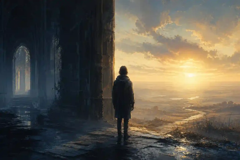 A person standing at the threshold between religious belief and rational clarity, representing the journey of faith deconstruction and leaving religion