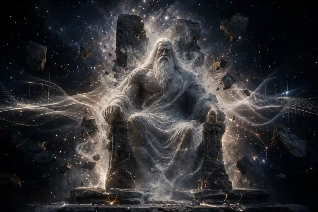 Is God real — ancient stone throne with god sitting crumbling as eternal energy is revealed, visual metaphor for the First Law of Thermodynamics disproving creation