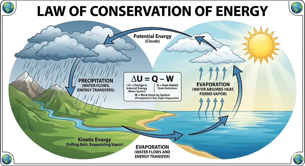 A scientific diagram illustrating the 1st Law of Thermodynamics using the water cycle, with the bold title 'LAW OF CONSERVATION OF ENERGY' at the top. On the left side, dark clouds release rain over mountains, showing energy release; on the right, solar rays evaporate water from the ocean, showing energy absorption, with large arrows forming a continuous, connected loop.