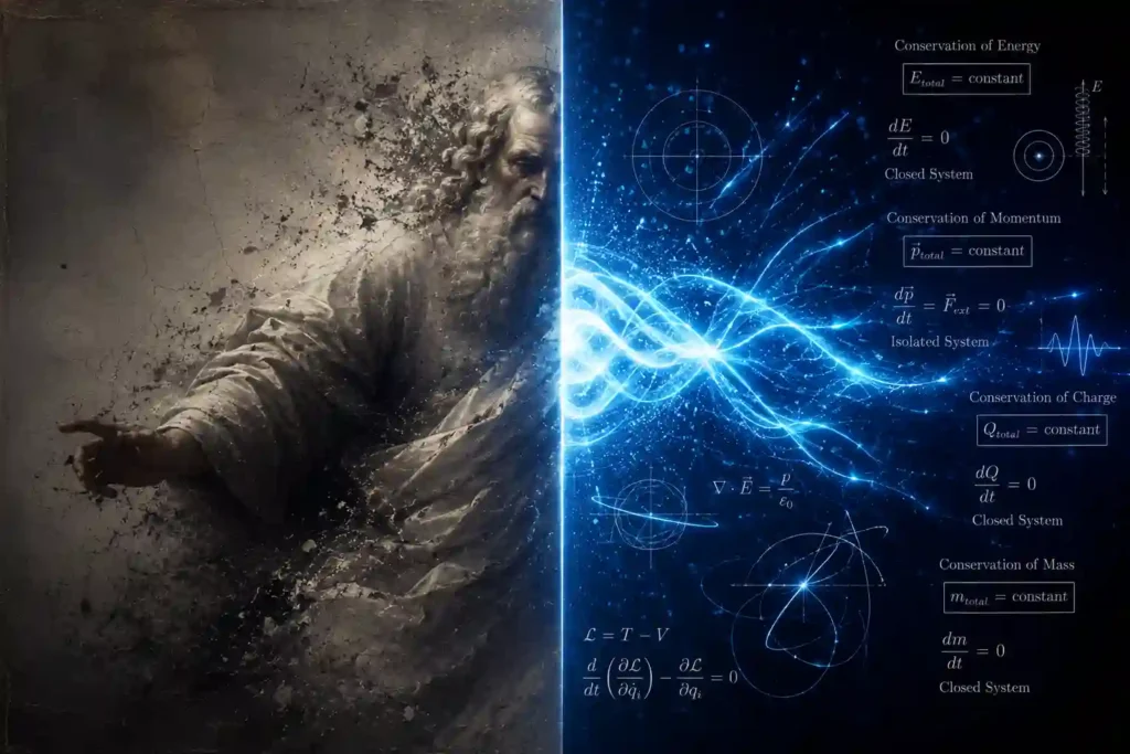 Visual comparison between the theistic creator concept and the First Law of Thermodynamics — the law that proves energy is eternal and creation is physically impossible
