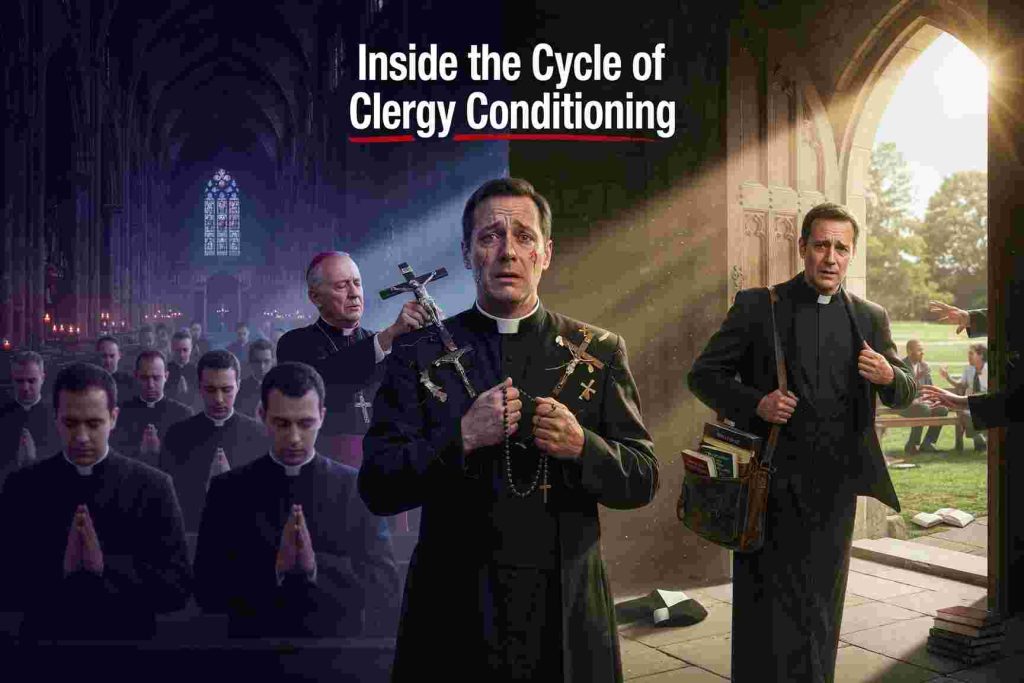Age of Religious Consent: Cycle of religious conditioning of priests showing generational transmission of belief systems and psychological impact on children and families. 