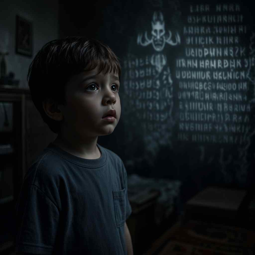 Age of Religious Consent: A small boy frightened in church with strange and dark writings on the wall. 