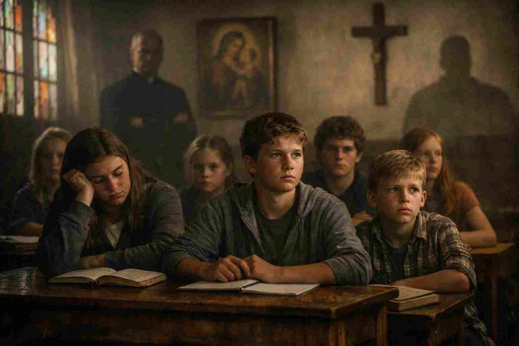 Age of Religious Consent: Children sitting in school room with a priest behind him and a cross on the wall. 
