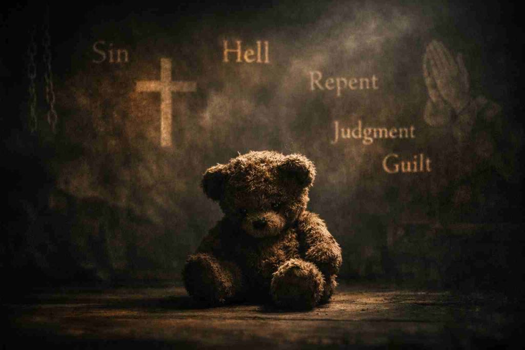 Age of Religious Consent: A teddy bear in religious prison with religious symbols on the wall. 