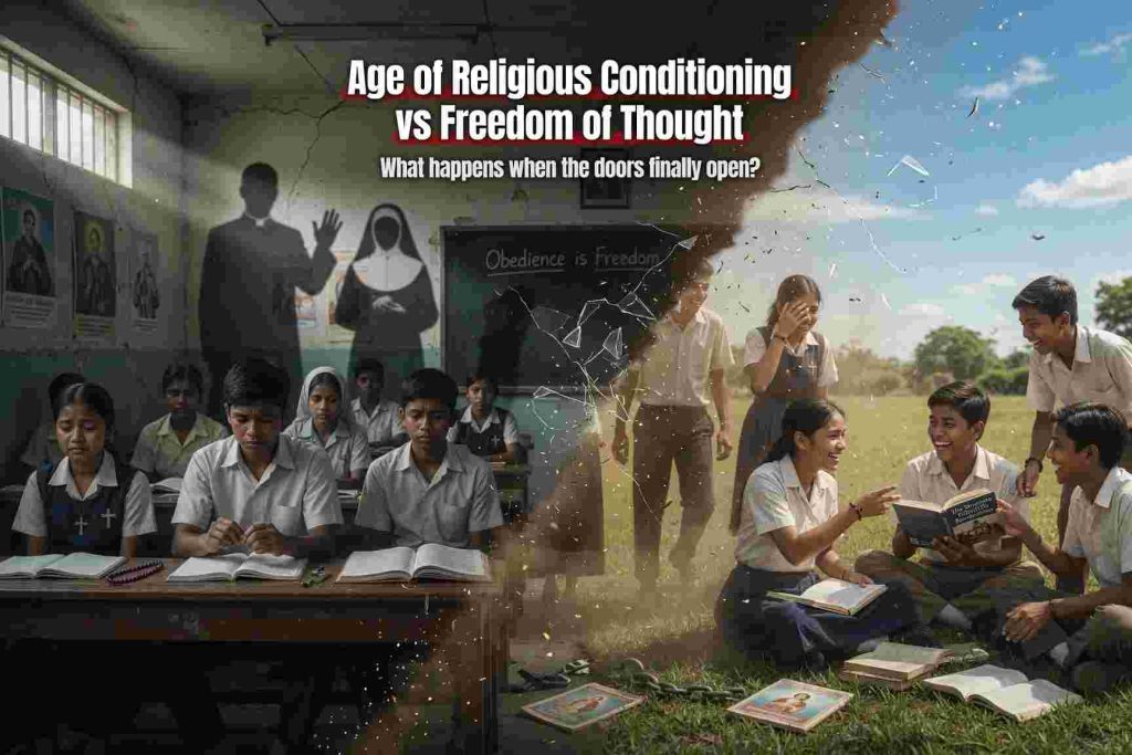 One group of teens in is religious school, anxious, while the other group is relaxed in the nature. 