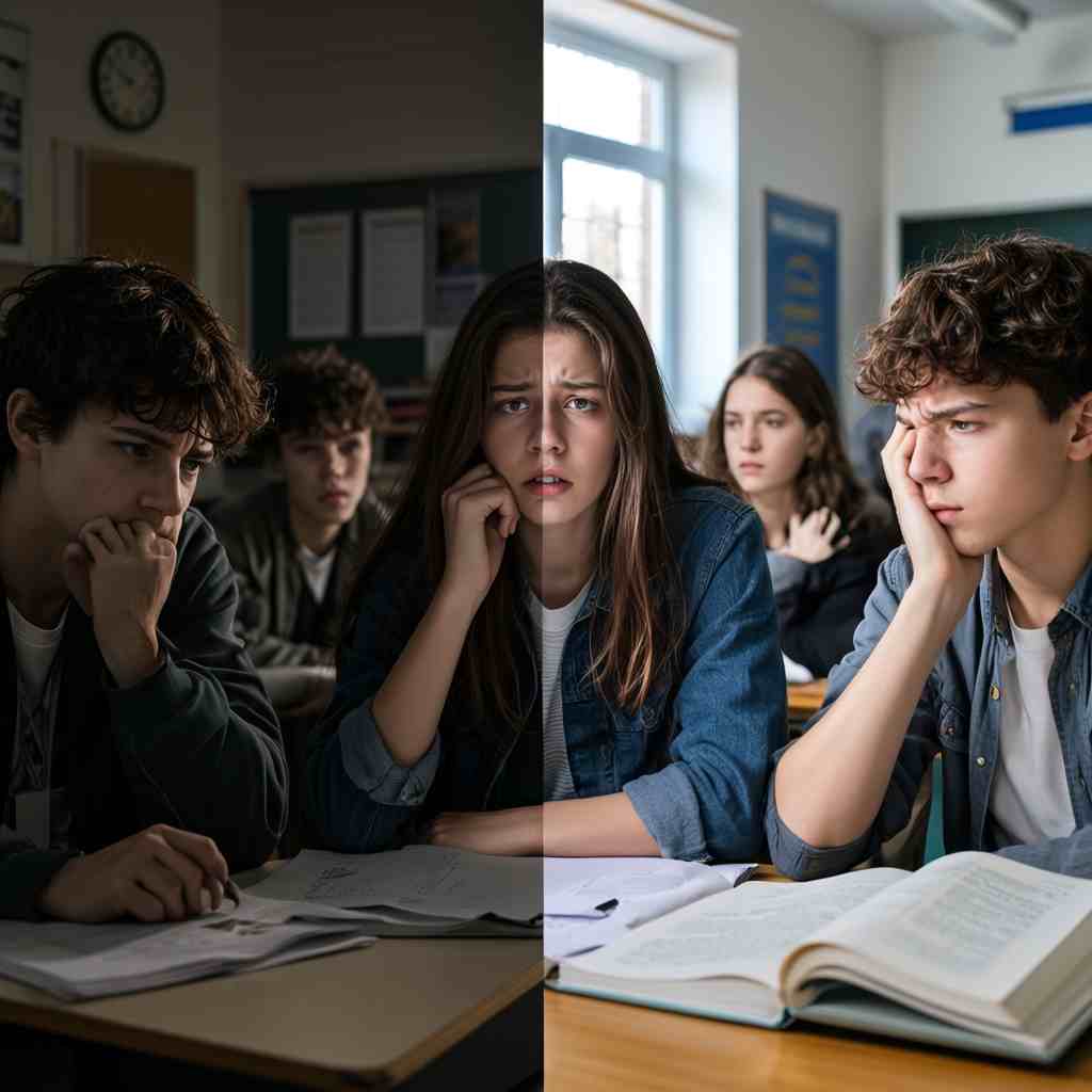 Teens with anxiety in school room. 