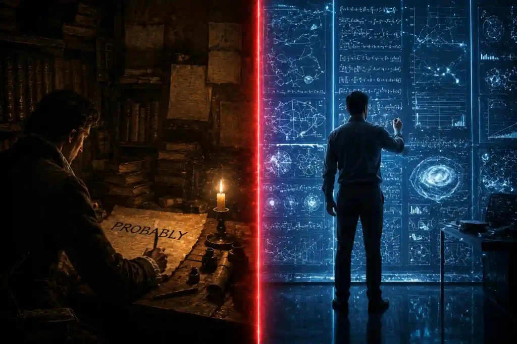 A split image showing the contrast between weak atheism's probabilistic, candlelit scholarship on the left and Evidence-Based Strong Atheism's evidence-forward, luminous scientific certainty on the right, divided by a glowing red line marking the paradigm shift.