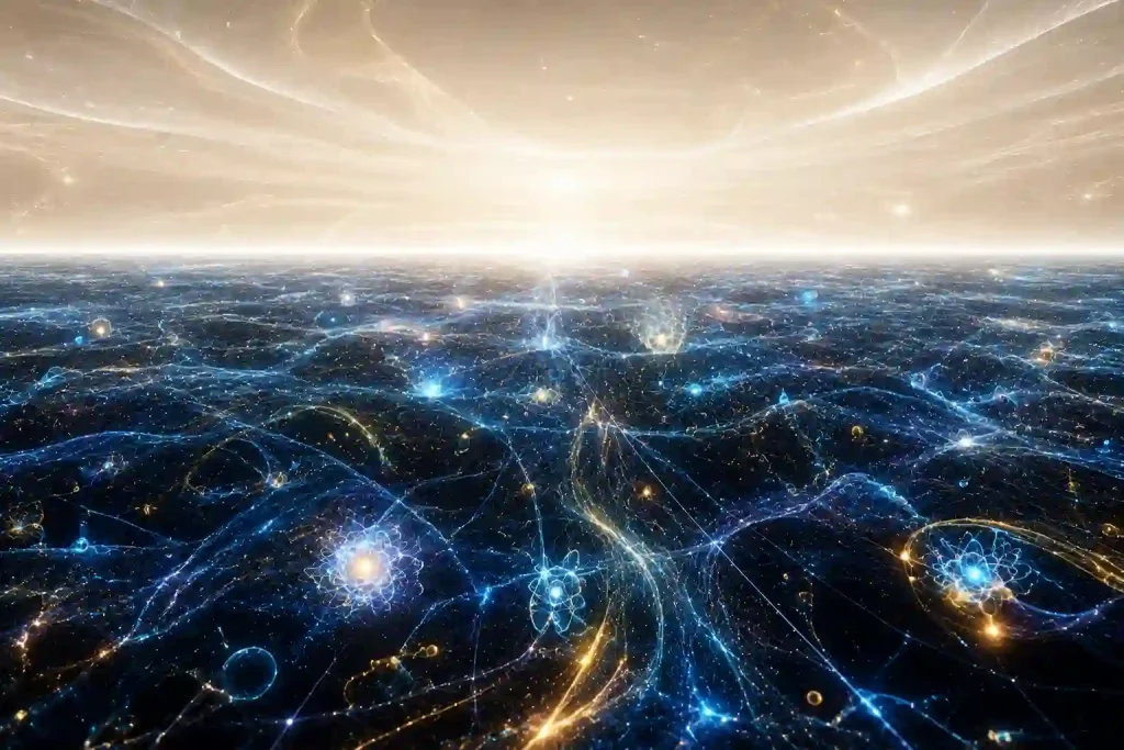 A conceptual visualisation of the two-element ontological framework: the luminous, eternally active EnergyMatter layer below and the boundless, impersonal Pure Awareness layer above, showing the complete structure of Existence with no ontological space for a personal creator-God.