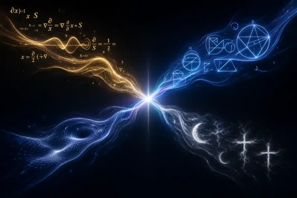Four streams of evidence — physics, logic, ontology, and apophatic theology — converging from the corners of the image into a single point of luminous certainty at the center, representing the cluster evidence approach that forms the structural conclusion of Evidence-Based Strong Atheism.
