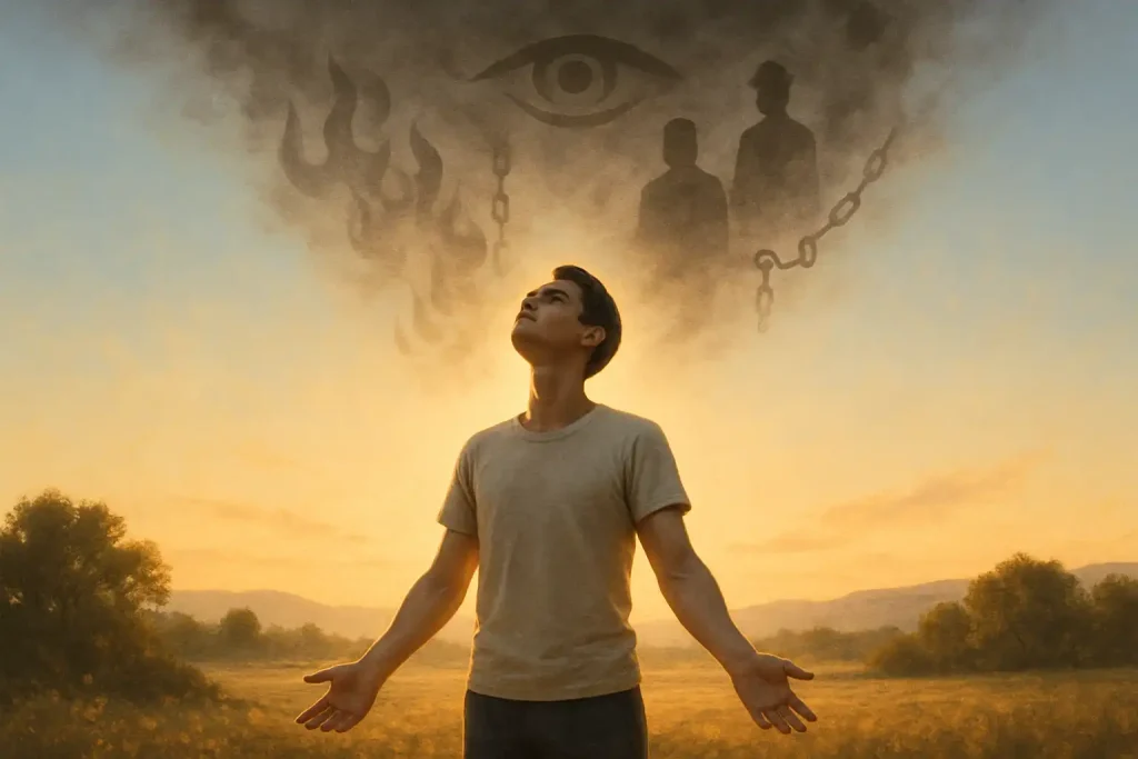 A human figure stands freely in open light as the visual residue of religious fear — hell imagery, shadowy authority, chains — dissolves upward into clean air, representing the psychological liberation that Evidence-Based Strong Atheism offers when the structural impossibility of God eliminates the fear infrastructure permanently.
