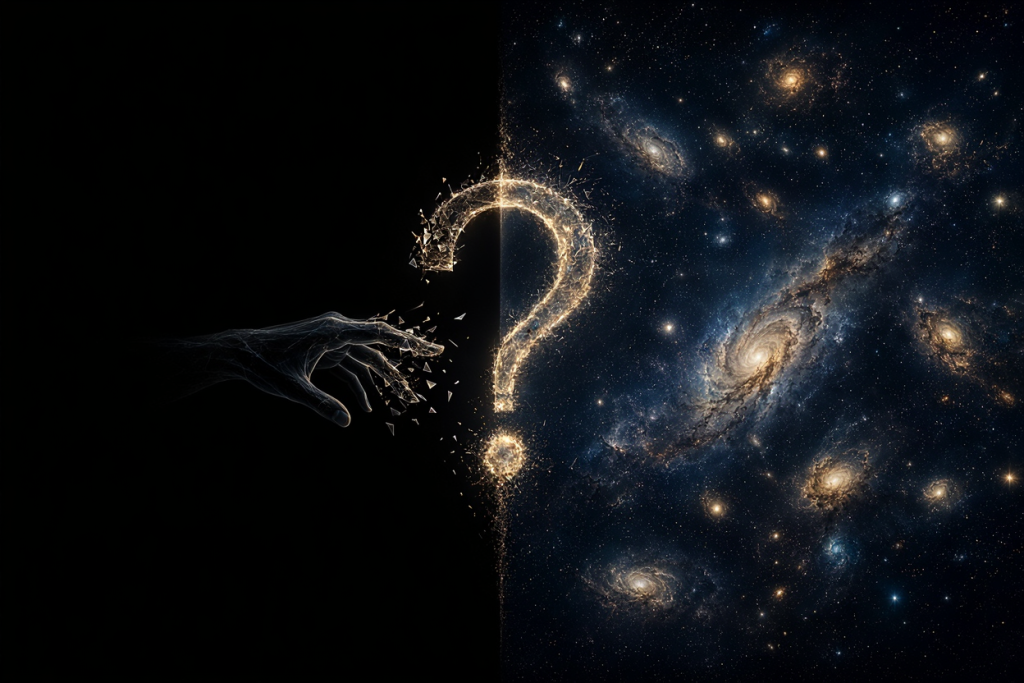 A philosophical art composition showing the unbridgeable gap between Absolute Nothing on the left and the existing universe on the right, with a disintegrating hand representing the logical impossibility of creation ex nihilo — the second evidence line of Evidence-Based Strong Atheism.