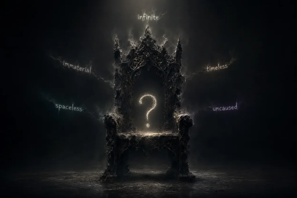 Evidence-Based Strong Atheism: An ancient divine throne dissolves from the edges inward as theological negation terms erase each dimension of its existence — immaterial, timeless, spaceless — leaving only a glowing question mark before nothing, visualising the Via Negativa Paradox from Dizdarević's Zygon preprint.