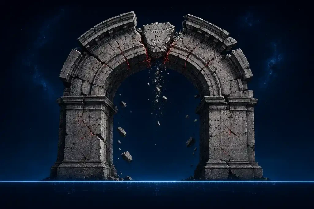 Evidence-Based Strong Atheism: A monumental philosophical arch crumbling as its keystone — labelled "BEGAN TO EXIST" — dissolves into dust above an infinite timeline, symbolising how the Kalam Cosmological Argument collapses when EnergyMatter is eternal and nothing begins to exist from non-being.