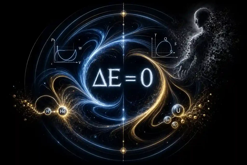 The symbolic equation ΔE = 0 glowing in light at the center of swirling energy conservation cycles, as a ghostly creator figure dissolves into static — illustrating how the First Law of Thermodynamics makes creation ex nihilo physically impossible.