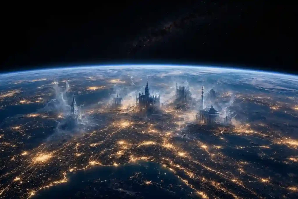 A panoramic view of Earth from orbit as the shadows of dissolving religious structures give way to warm human light across city grids — representing the planetary secular society that Evidence-Based Strong Atheism makes possible when God's structural nonexistence replaces religious authority with human reason.