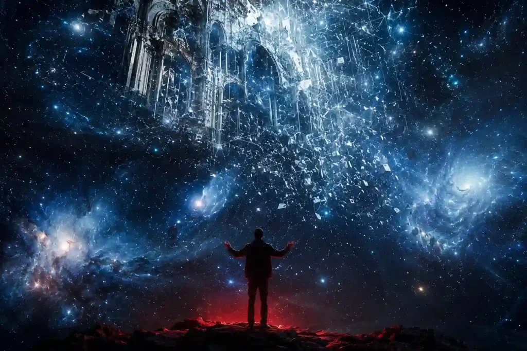 A lone human figure stands confidently before an infinite cosmos as a faded cathedral dissolves into light — symbolising the dawn of Evidence-Based Strong Atheism and humanity's liberation from religious fear into reason.