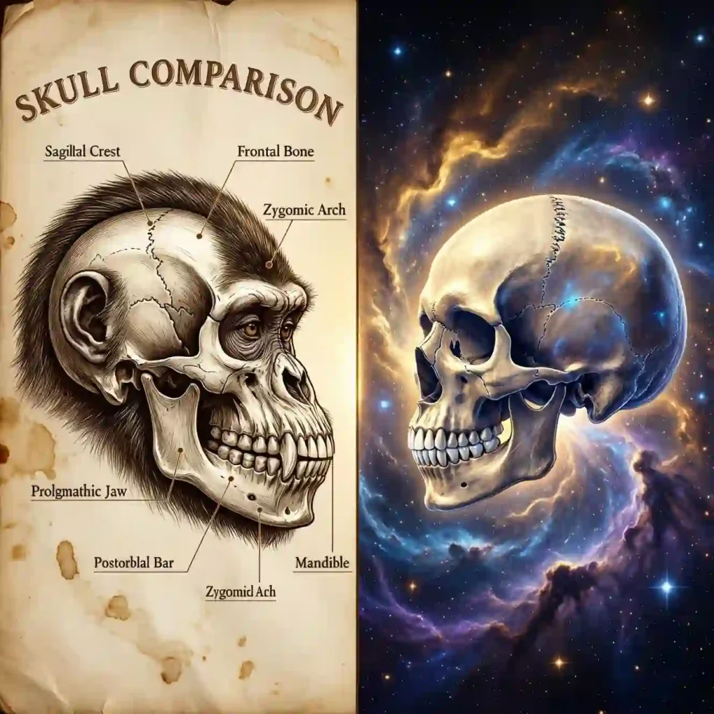 Side-by-side composition of evolutionary anatomy diagrams and a deep-space nebula — representing how Darwin's theory of evolution and cosmological science dismantled the theological foundations of religious belief.